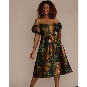 DB STUDIO Puff Sleeve Brocade Off Shoulder A-Line Metallic Mini Dress Size 8 NWT